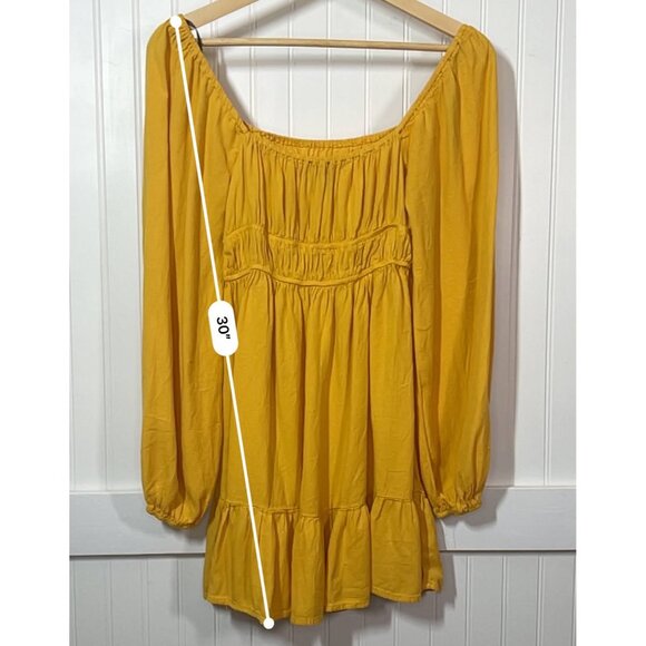 Forever 21 Boho Yellow Long Sleeve Mini Dress Square Neck Smocked Waist Ruffle - Picture 10 of 11